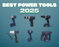 Infographic showing types of power tools, safety tips, and maintenance guide for 2025 with icons of drill, grinder, saw, and wrench