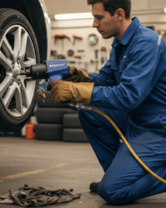 Best Power Tools in India | Top Brands & Buying Guide 2025 2 "Mechanic using Eastman power tool impact wrench to tighten car wheel bolts in a workshop"