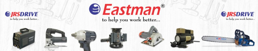 Eastman power tools display with electric drills, grinders, and cordless machines in a modern workshop background.