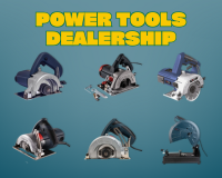 Power tools dealership in India showroom with electric drills, grinders, and saws displayed on shelves and customers exploring tools.