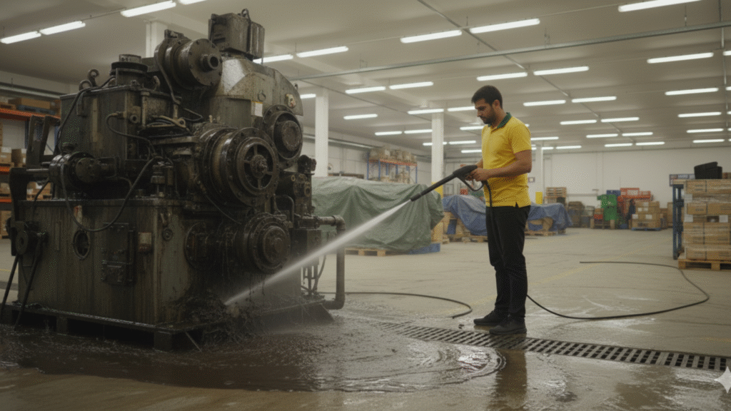 Person using Eastman pressure washer machine for industrial cleaning work
