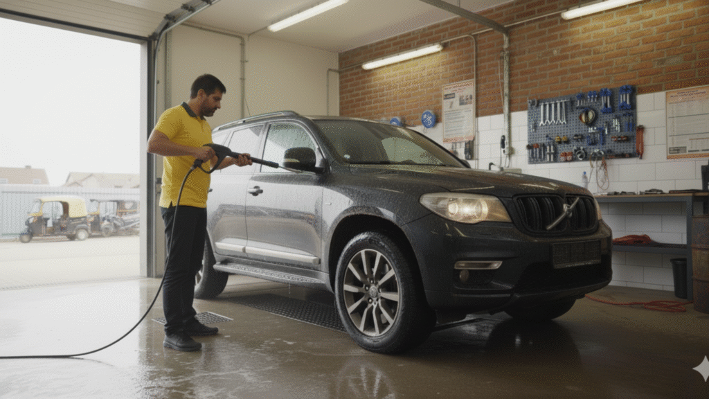 Person using Eastman pressure washer machine for car washing service
